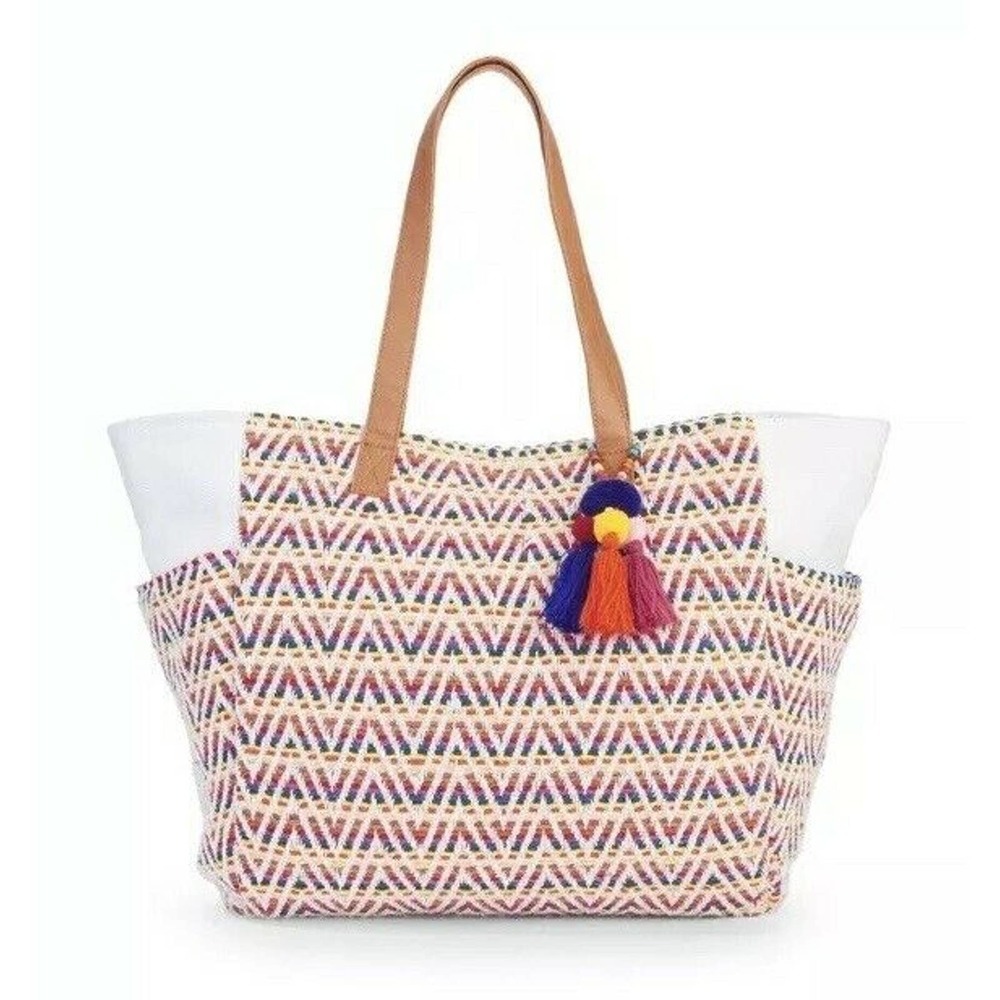 NEW‎ No Boundaries Caroline Aztec Boho Chevron Woven Beach Tote Bag w/ Tassels